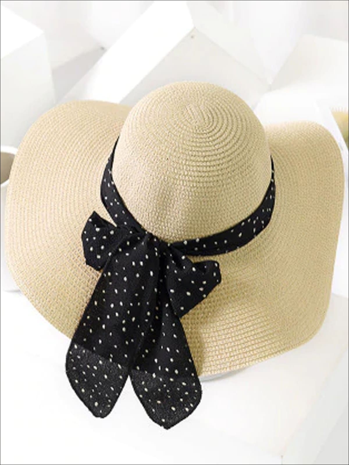 Womens Fashion Straw Hat With Printed Ribbon - Beige with black ribbon - Womens Accessories