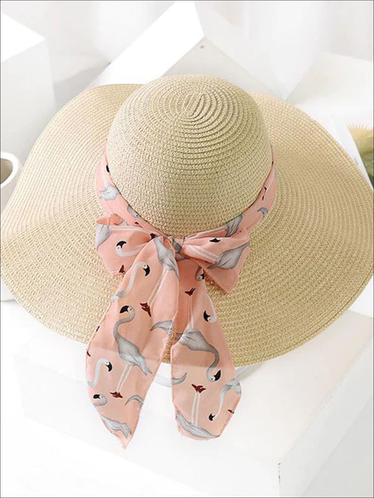 Womens Fashion Straw Hat With Printed Ribbon - Beige with pink ribbon - Womens Accessories