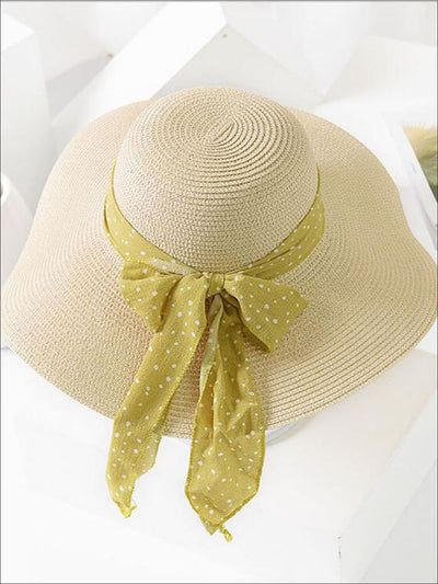 Womens Fashion Straw Hat With Printed Ribbon - Beige with yellow ribbon - Womens Accessories