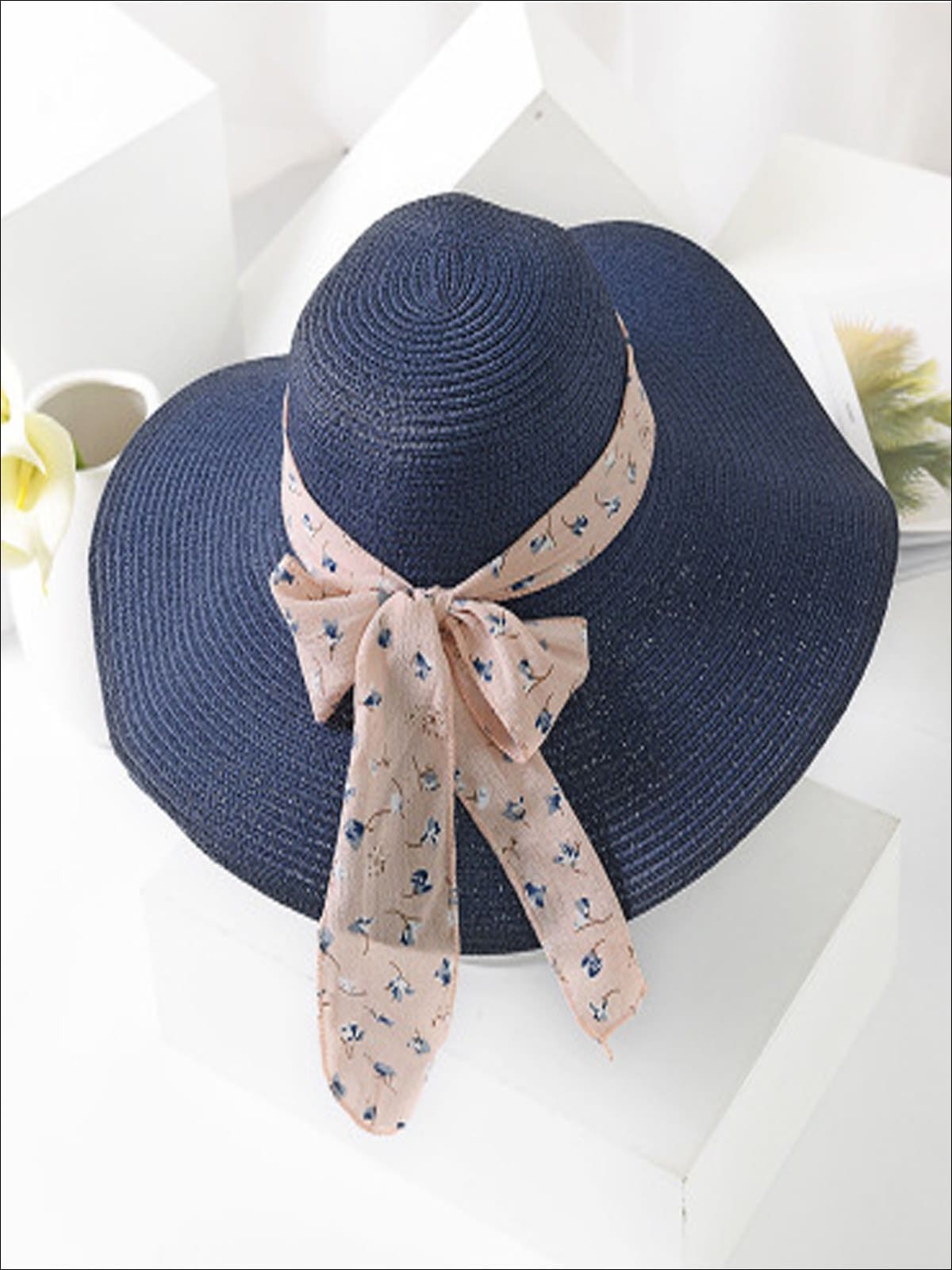Womens Fashion Straw Hat With Printed Ribbon - Navy - Womens Accessories