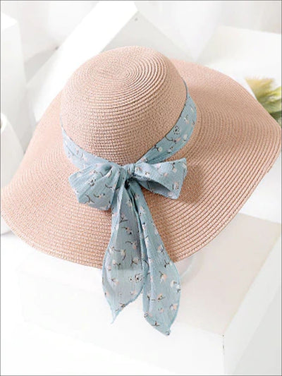 Womens Fashion Straw Hat With Printed Ribbon - Pink - Womens Accessories