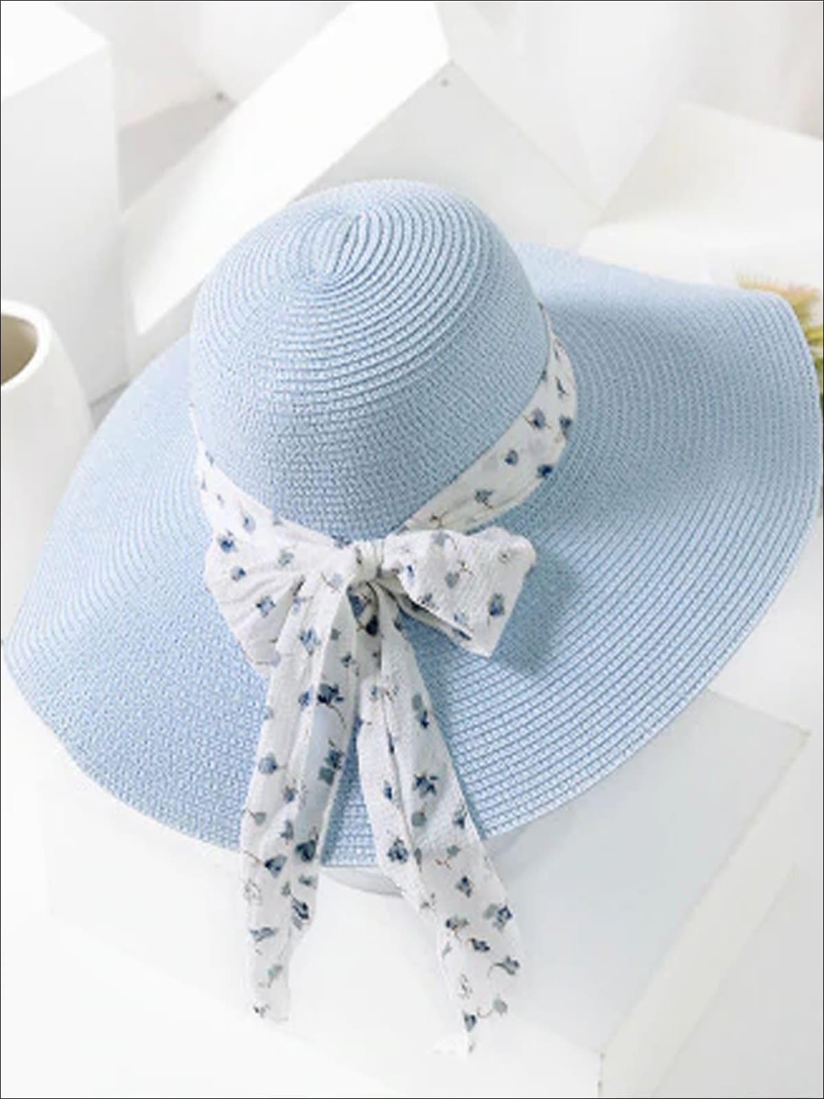 Womens Fashion Straw Hat With Printed Ribbon - Sky Blue - Womens Accessories