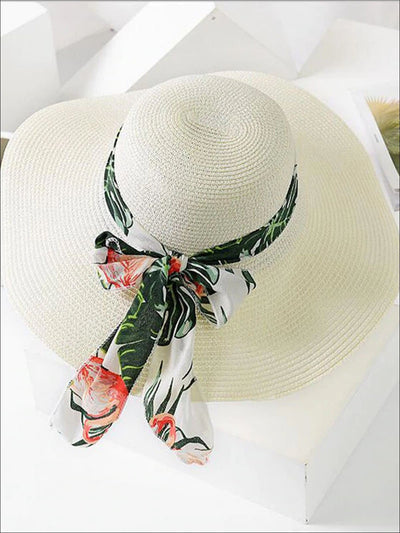Womens Fashion Straw Hat With Printed Ribbon - White - Womens Accessories