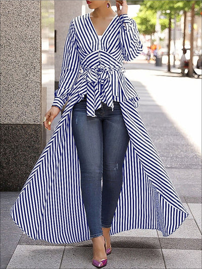 Womens Fashion Striped Tie Up Waist Long Tail Blouse - Blue / S - Womens Tops