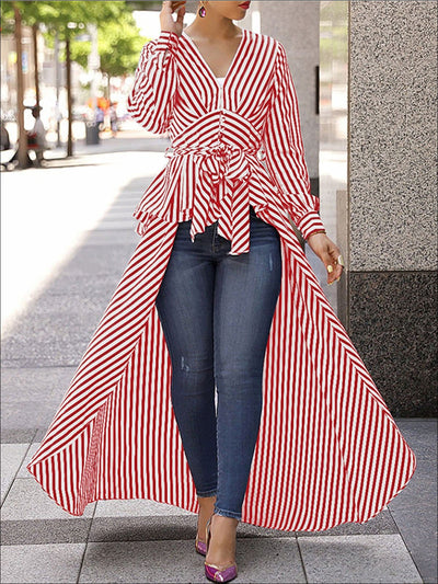 Womens Fashion Striped Tie Up Waist Long Tail Blouse - Red / S - Womens Tops
