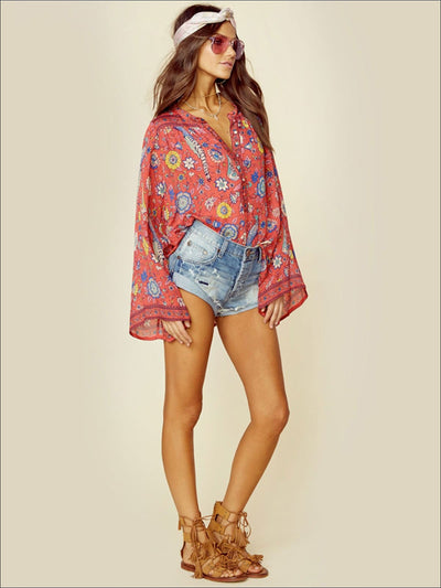 Womens Flare Long Sleeve Button Up Bohemian Blouse - Womens Tops