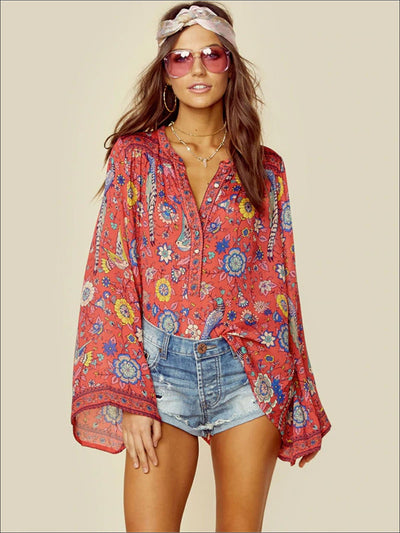 Womens Flare Long Sleeve Button Up Bohemian Blouse - Red / S - Womens Tops