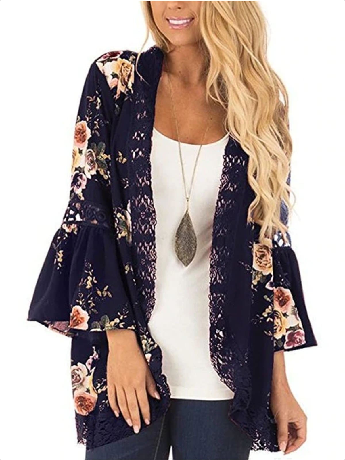 Womens Flare Sleeve Floral Kimono With Embroidery Detail - Womens Outerwear
