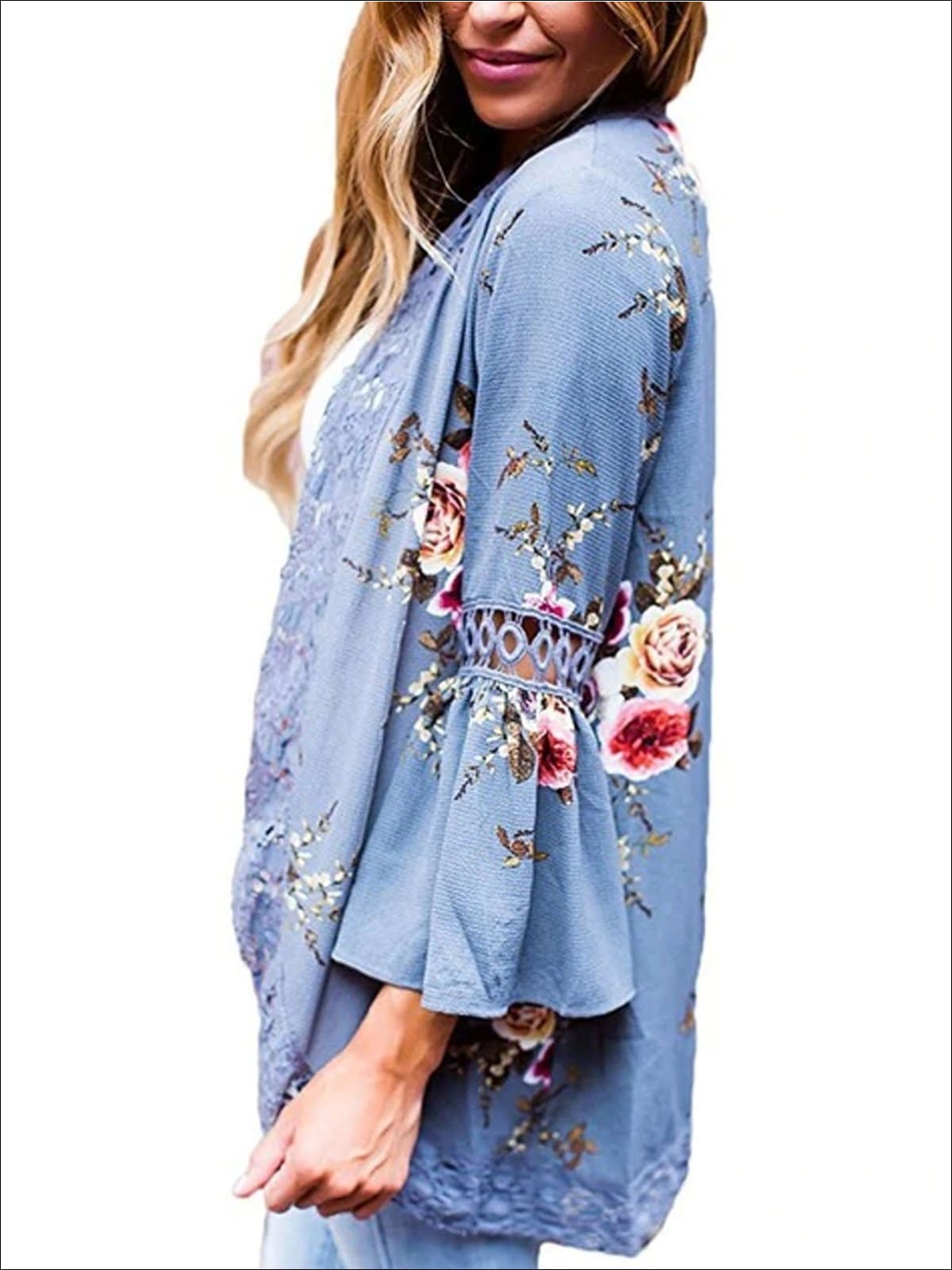 Womens Flare Sleeve Floral Kimono With Embroidery Detail - Womens Outerwear