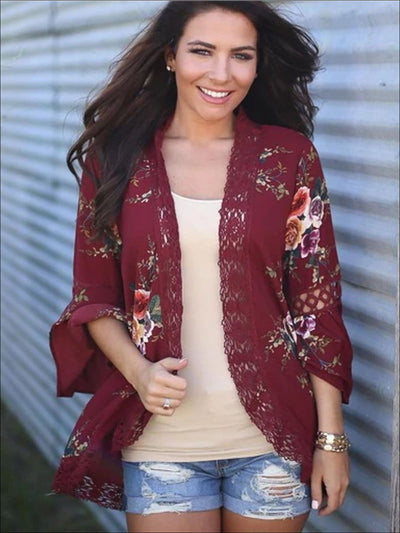 Womens Flare Sleeve Floral Kimono With Embroidery Detail - Burgundy / S - Womens Outerwear