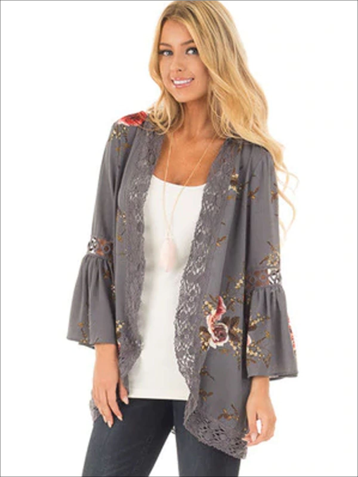 Womens Flare Sleeve Floral Kimono With Embroidery Detail - Grey / S - Womens Outerwear