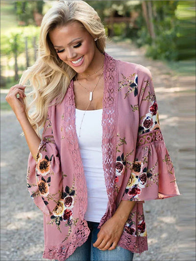 Womens Flare Sleeve Floral Kimono With Embroidery Detail - Pink / S - Womens Outerwear