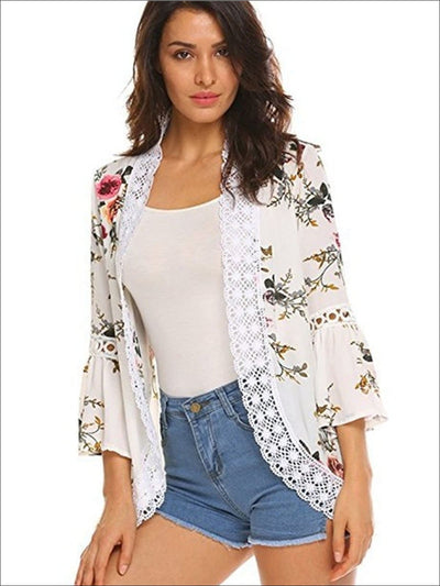 Womens Flare Sleeve Floral Kimono With Embroidery Detail - White / S - Womens Outerwear