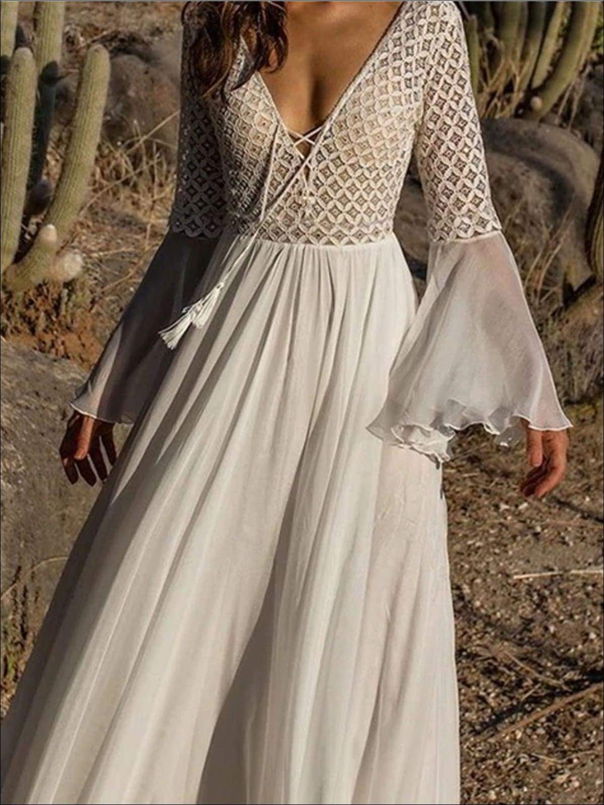 Womens Flare Sleeve Lace Up Chiffon Maxi Dress - White / One - Womens Dresses