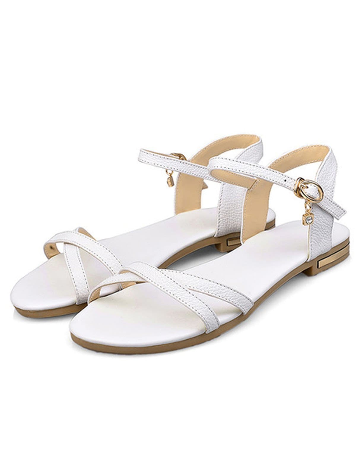 Womens Flat Chic Buckle Strap Sandals - White / 3 - Womens Sandals