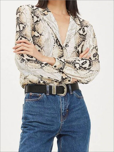 Womens Flat Collar Animal Print Button Down Blouse - Womens Tops