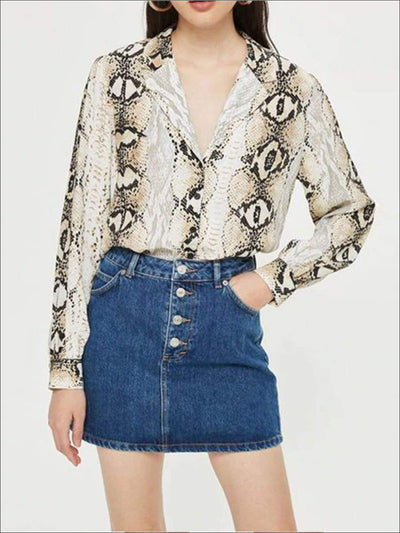 Womens Flat Collar Animal Print Button Down Blouse - Similar To Image / S - Womens Tops