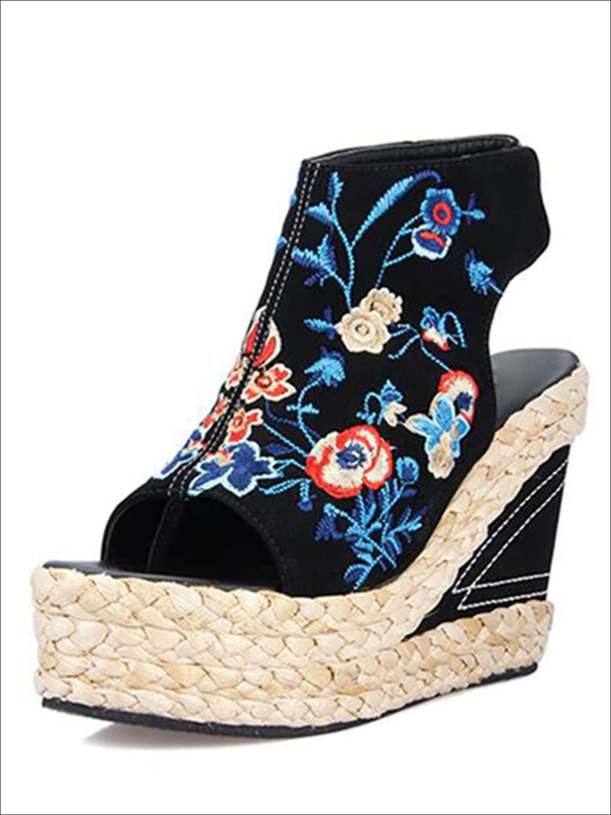 Womens Floral Embroidered High Heel Wedges - Black / 5 - Womens Sandals