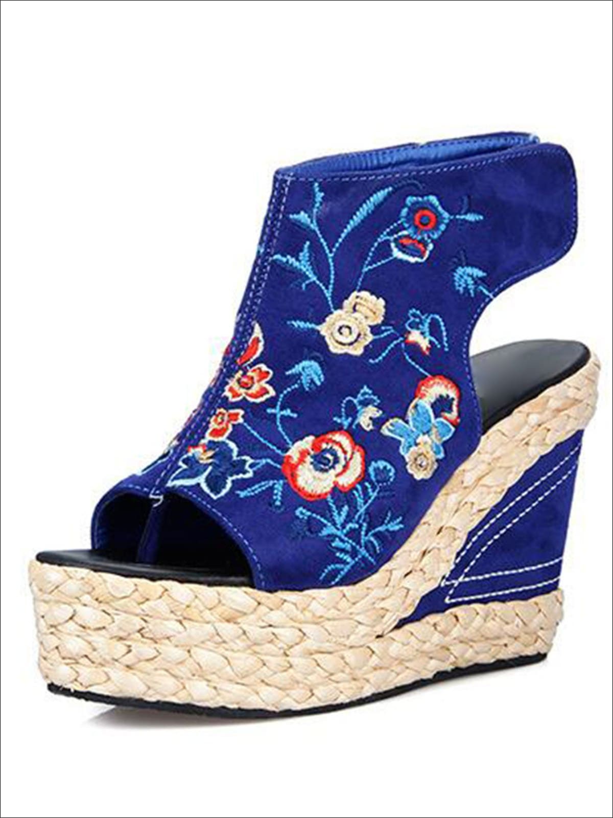 Womens Floral Embroidered High Heel Wedges - Blue / 5 - Womens Sandals