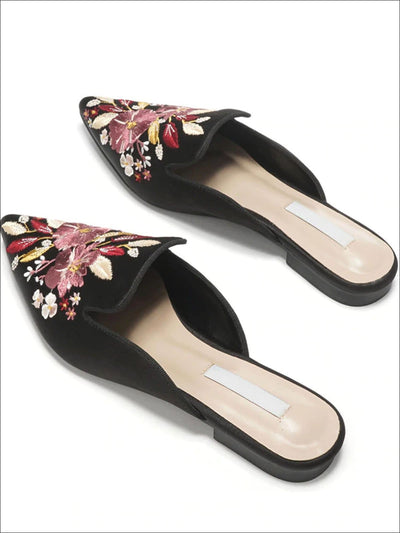 Womens Floral Embroidered Pointed Mules - Black / 5 - Womens Shoes