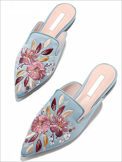 Womens Floral Embroidered Pointed Mules - Blue / 5 - Womens Shoes