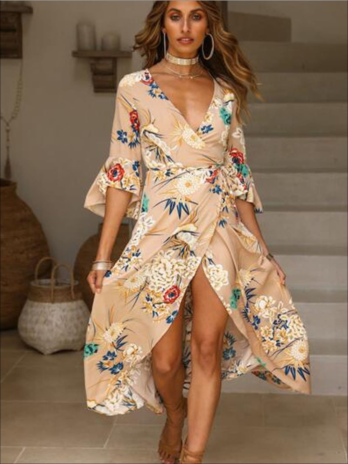 Womens Floral Flare Sleeve Hi-Lo Wrap Dress - Beige / S - Womens Dresses
