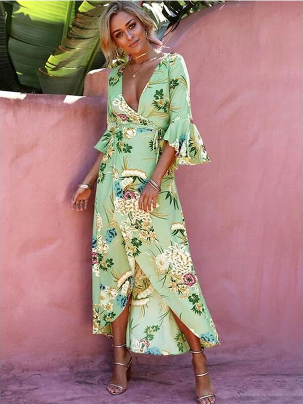 Womens Floral Flare Sleeve Hi-Lo Wrap Dress - Green / S - Womens Dresses