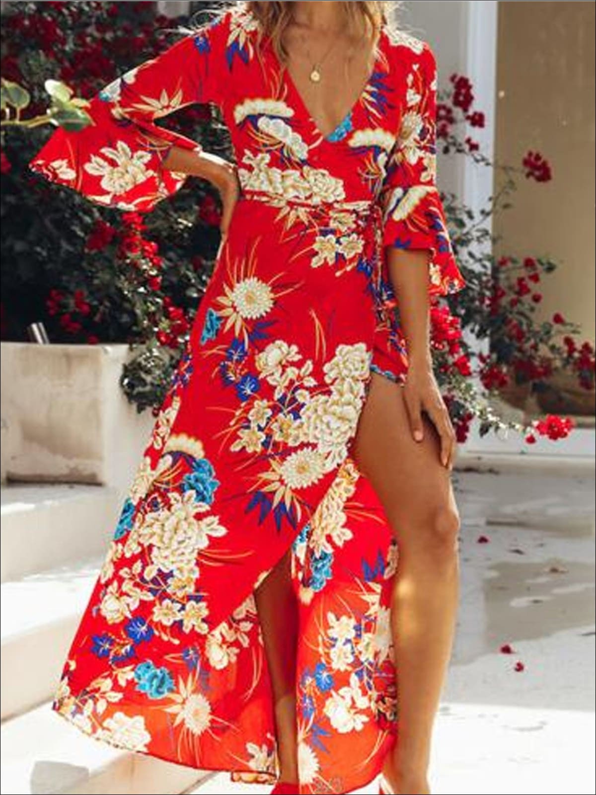 Womens Floral Flare Sleeve Hi-Lo Wrap Dress - Red / S - Womens Dresses