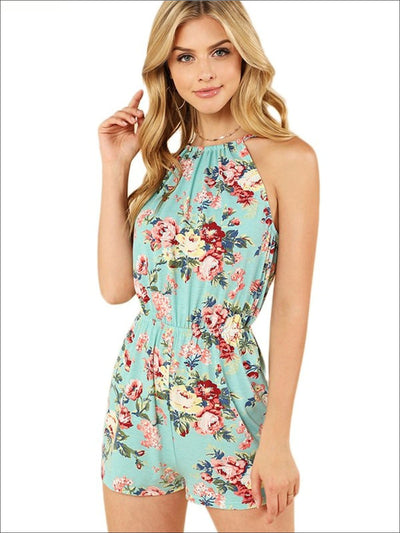 Womens Floral Halter Strap Casual Romper - Mint / XS - Womens Jumpsuits