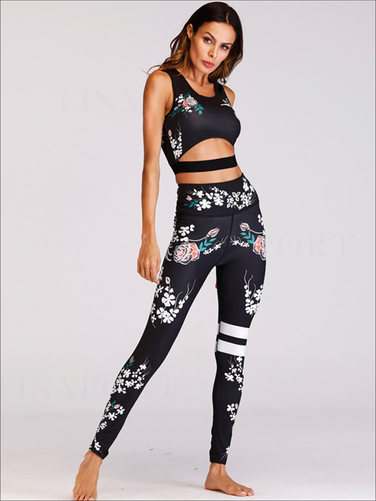 Womens Floral Yoga Banded Crop Top & Leggings Set - Black / S - Womens Activewear