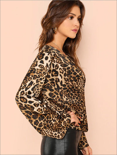 Womens Flounce Sleeve Leopard Print V-Neck Wrap Blouse - Womens Tops
