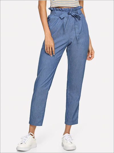 Womens Frilly Mid Waist Belted Trousers - Blue / XS - Womens Bottoms