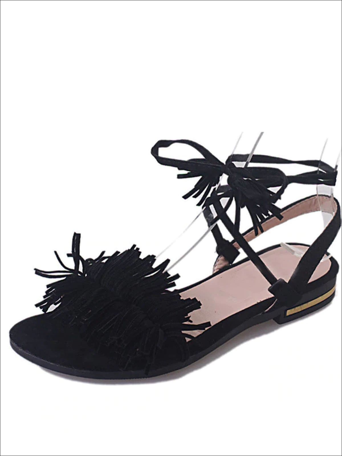Womens Fringe Lace Up Flat Sandals - Black / 4 - Womens Sandals
