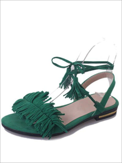 Womens Fringe Lace Up Flat Sandals - Green / 4 - Womens Sandals