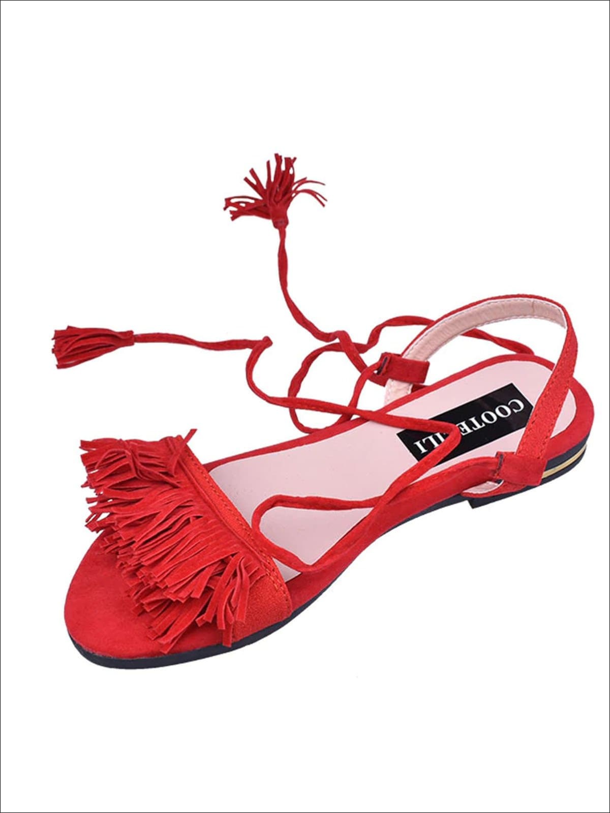 Womens Fringe Lace Up Flat Sandals - Red / 4 - Womens Sandals
