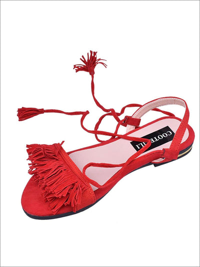 Womens Fringe Lace Up Flat Sandals - Red / 4 - Womens Sandals