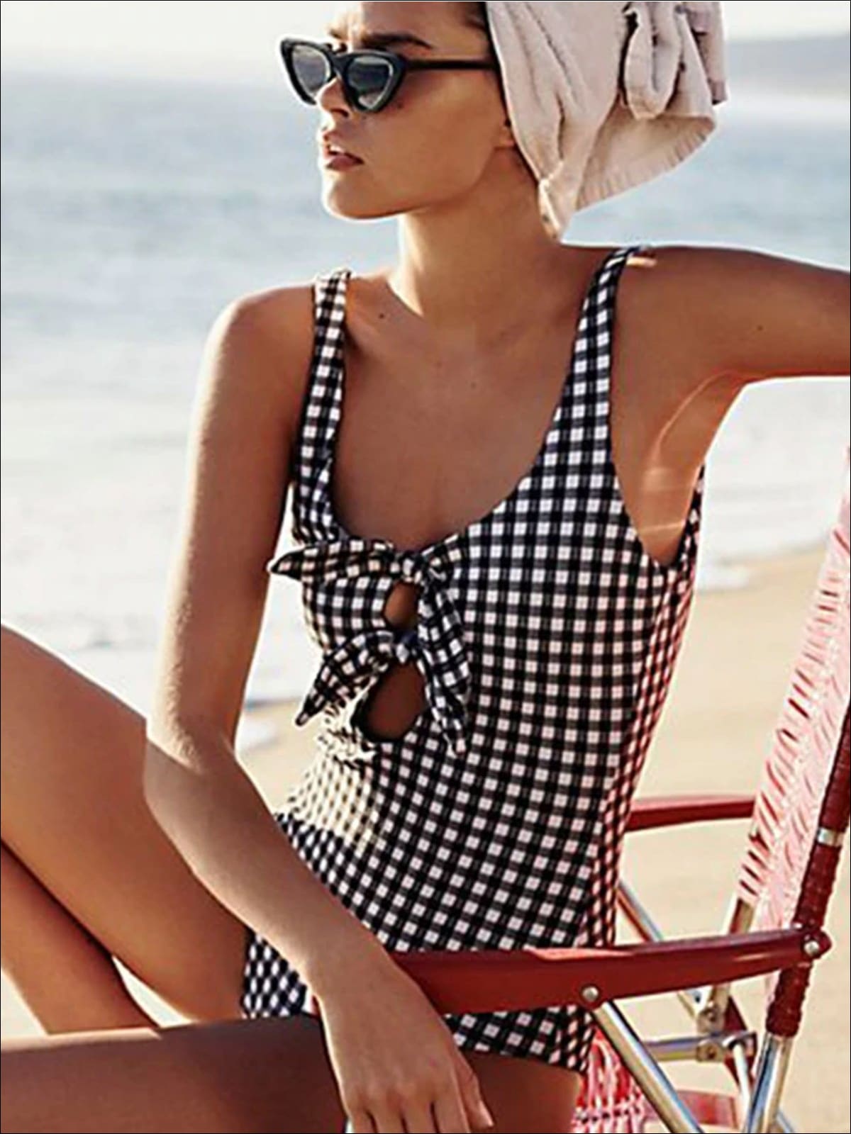 Womens Front Tie Knot Retro One Piece Swimsuit - Womens Swimsuit