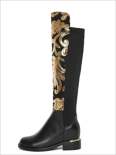 Womens Gold Sequined Knee High Boots - Womens Boots
