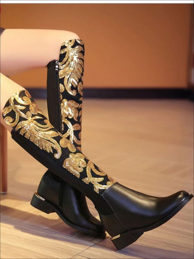 Womens Gold Sequined Knee High Boots - Black / 4 - Womens Boots