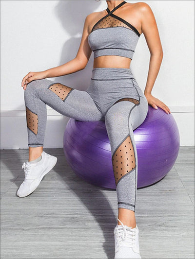 Womens Grey Dotted Mesh Two Piece Activewear Set - Womens Activewear