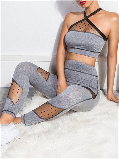Womens Grey Dotted Mesh Two Piece Activewear Set - Womens Activewear