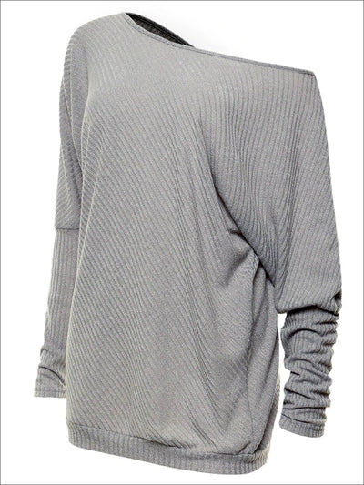 Womens Grey Off Shoulder Soft Ribbed Tunic - Womens Tops