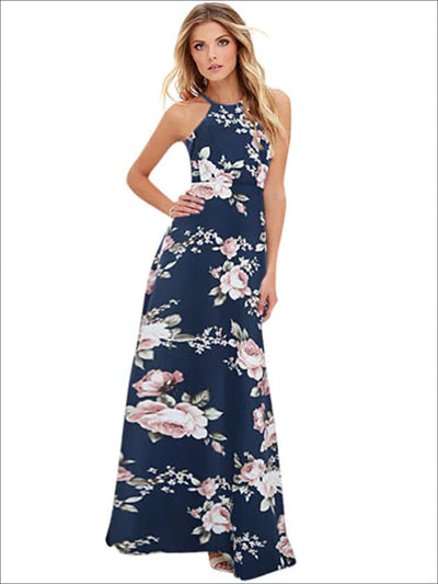 Womens Halter Floral A-Line Maxi Dress - Dark Blue / S - Womens Dresses