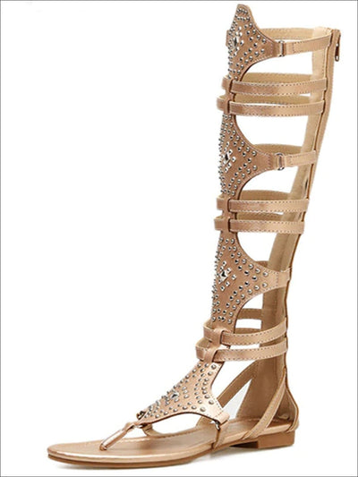 Womens Knee Length Embellished Gladiator Sandals - Gold / 4 - Womens Sandals