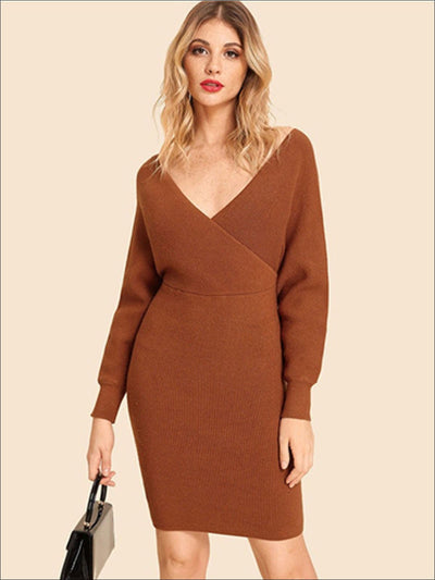 Womens Knit Batwing Casual Sweater Dress - Brown / S/M - Womens Fall Dresses