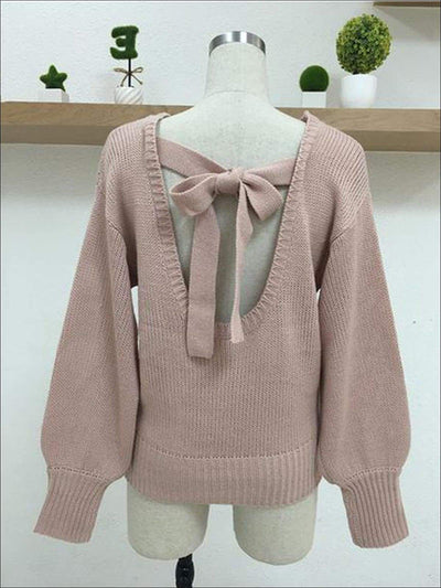 Womens Knitted Oversized Sexy Bow Tie Back Lantern Sleeve Sweater - Womens Fall Sweaters