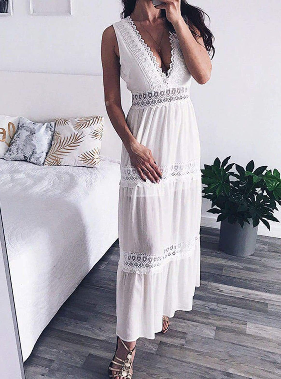 Womens Lace Hollow Out Backless Maxi Dress - Womens Dresses