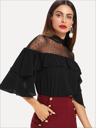 Womens Layered Ruffle Sleeve Dotted Mesh Blouse - Womens Tops