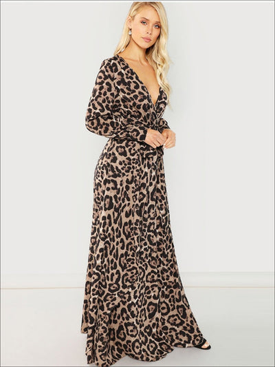 Womens Leopard Print Long Sleeve Wrap Maxi Dress - Womens Fall Dresses