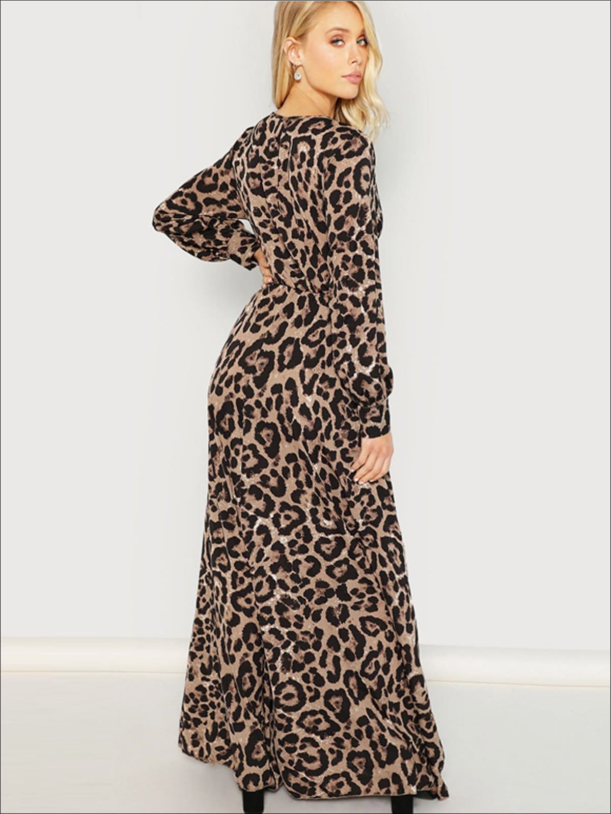 Womens Leopard Print Long Sleeve Wrap Maxi Dress - Womens Fall Dresses